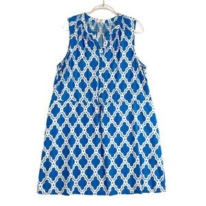 Crown & Ivy Woman Blue White Geometric Trellis Sleeveless Dress 18W Rayon Pocket